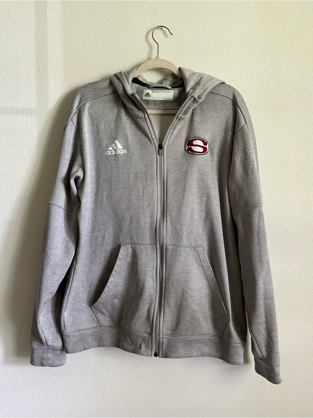 Adidas Light Gray Full-Zip Hoodie with Maroon S Logo Patch Large